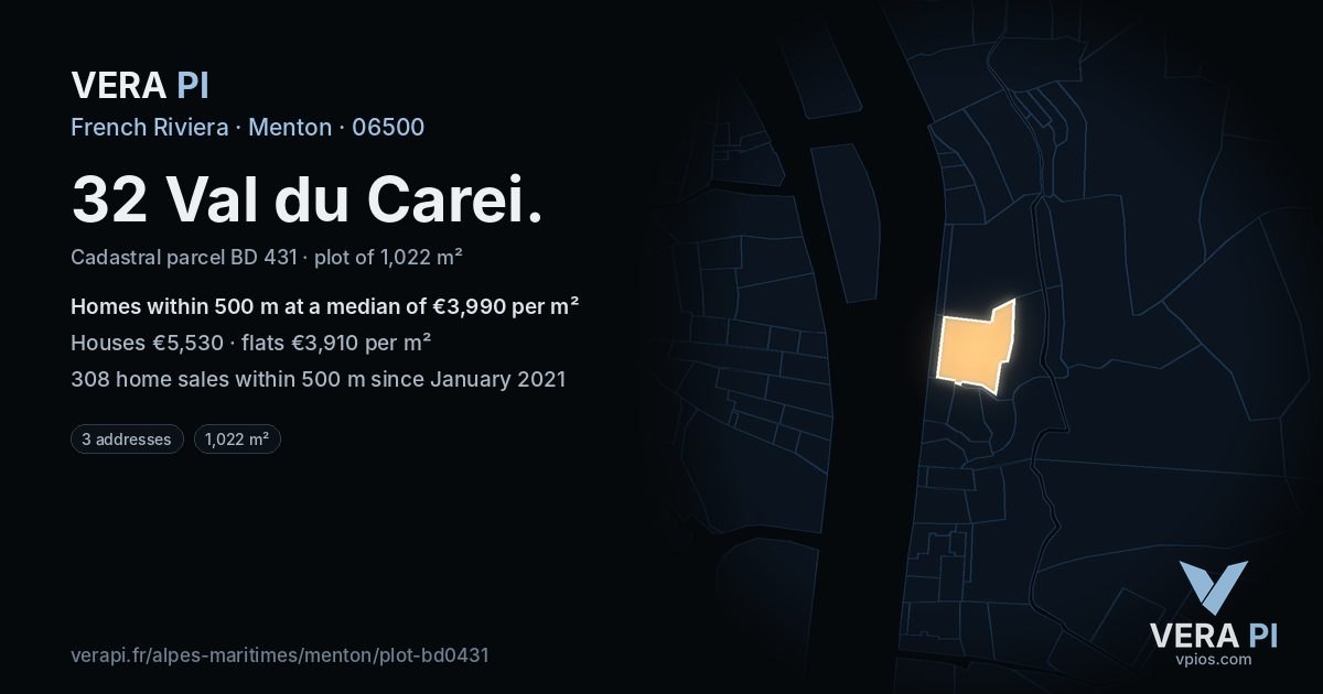 32 Val du Carei, Menton at night – the plot lit, the parcels around coloured by the prices near them