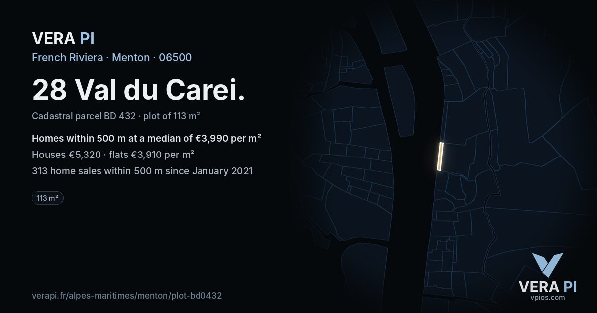 28 Val du Carei, Menton at night – the plot lit, the parcels around coloured by the prices near them