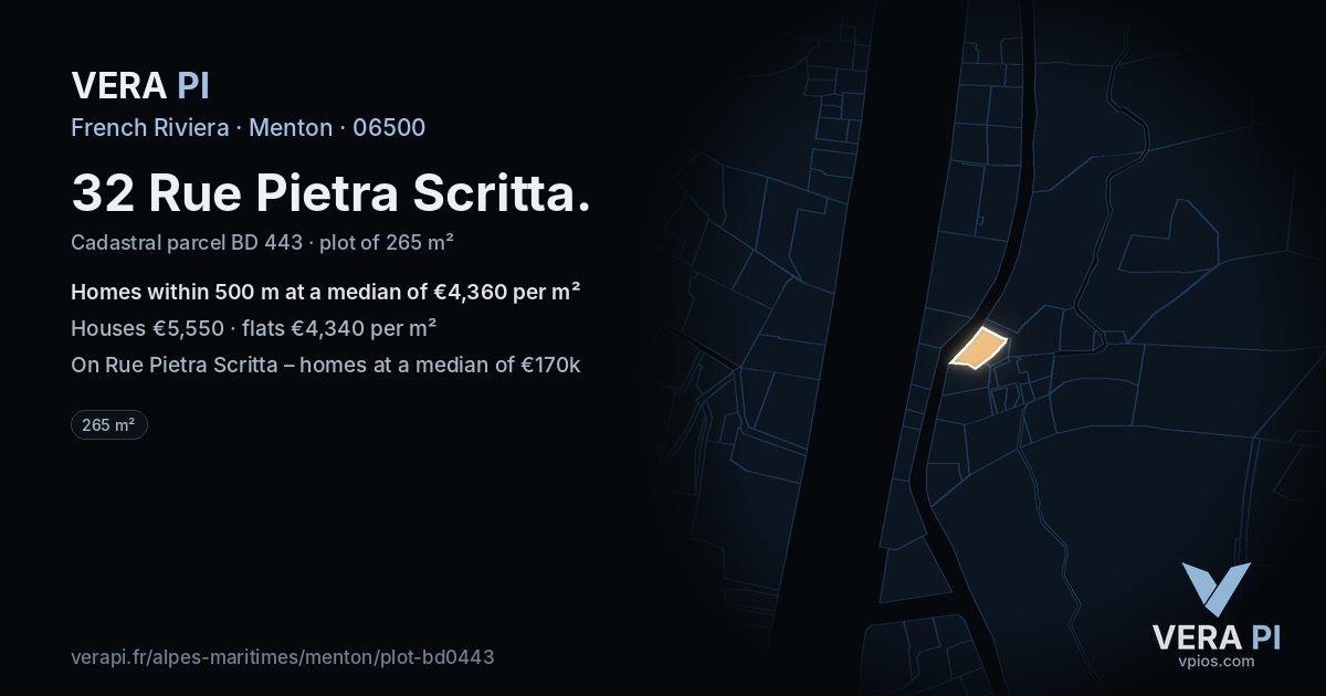 32 Rue Pietra Scritta, Menton at night – the plot lit, the parcels around coloured by the prices near them