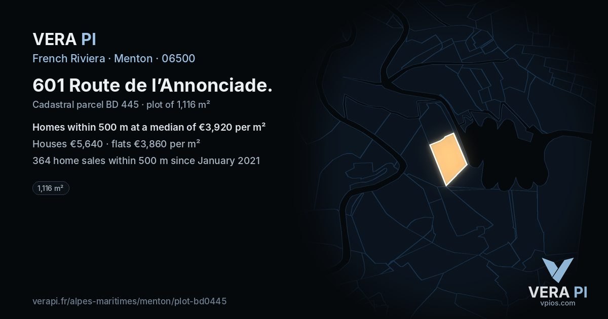 601 Route de l’Annonciade, Menton at night – the plot lit, the parcels around coloured by the prices near them