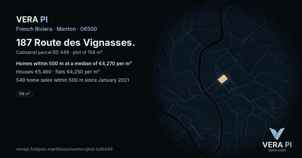187 Route des Vignasses, Menton at night – the plot lit, the parcels around coloured by the prices near them