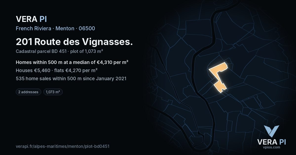 201 Route des Vignasses, Menton at night – the plot lit, the parcels around coloured by the prices near them