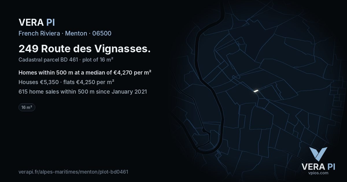 249 Route des Vignasses, Menton at night – the plot lit, the parcels around coloured by the prices near them