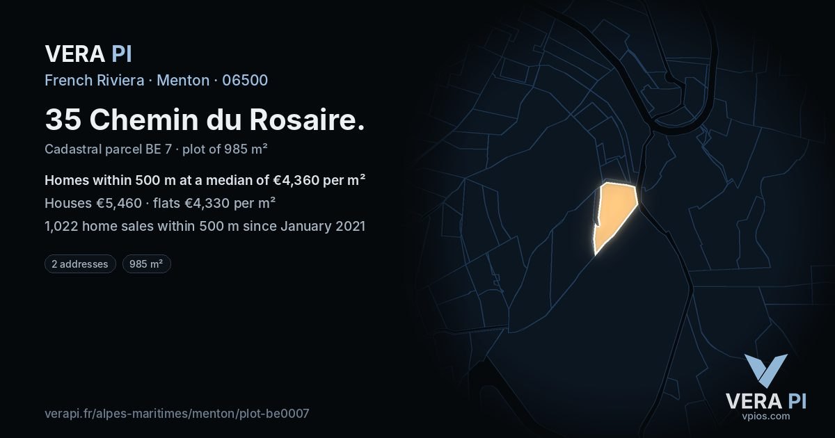 35 Chemin du Rosaire, Menton at night – the plot lit, the parcels around coloured by the prices near them