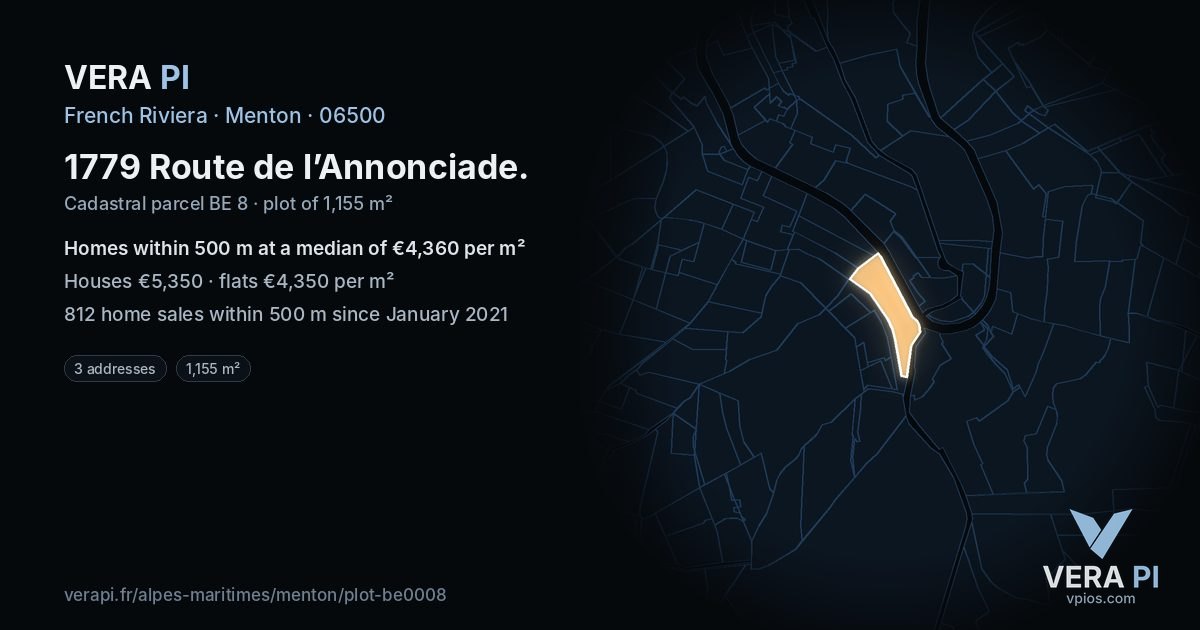 1779 Route de l’Annonciade, Menton at night – the plot lit, the parcels around coloured by the prices near them