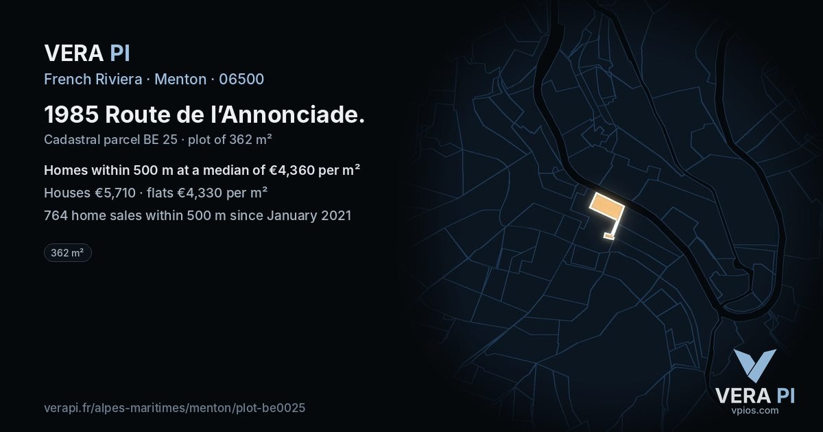 1985 Route de l’Annonciade, Menton at night – the plot lit, the parcels around coloured by the prices near them