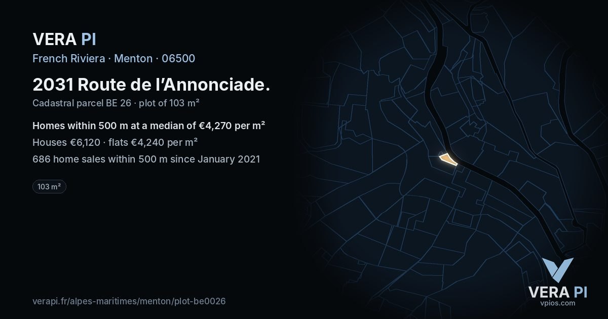 2031 Route de l’Annonciade, Menton at night – the plot lit, the parcels around coloured by the prices near them
