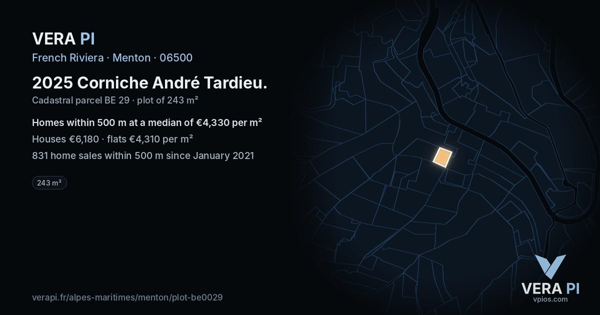 2025 Corniche André Tardieu, Menton at night – the plot lit, the parcels around coloured by the prices near them