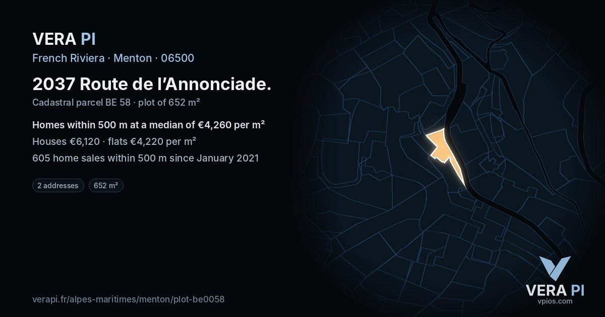 2037 Route de l’Annonciade, Menton at night – the plot lit, the parcels around coloured by the prices near them