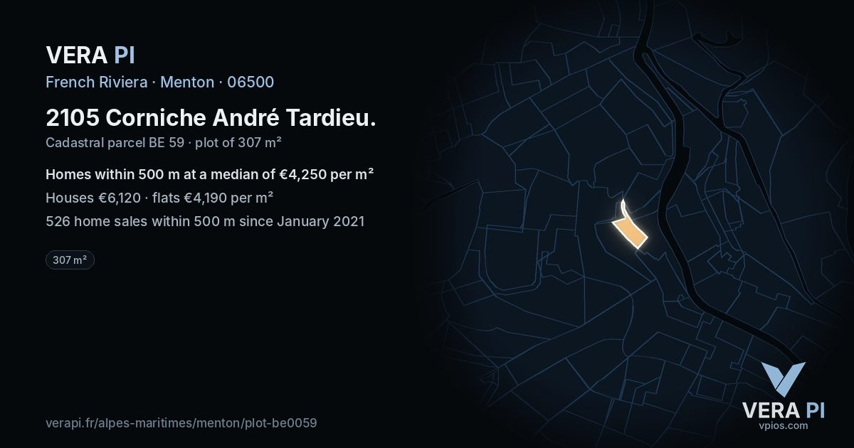 2105 Corniche André Tardieu, Menton at night – the plot lit, the parcels around coloured by the prices near them