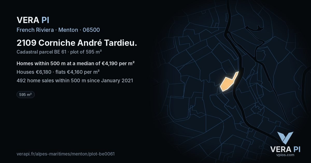 2109 Corniche André Tardieu, Menton at night – the plot lit, the parcels around coloured by the prices near them