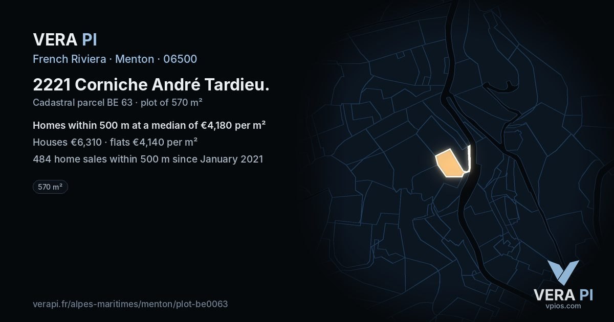 2221 Corniche André Tardieu, Menton at night – the plot lit, the parcels around coloured by the prices near them