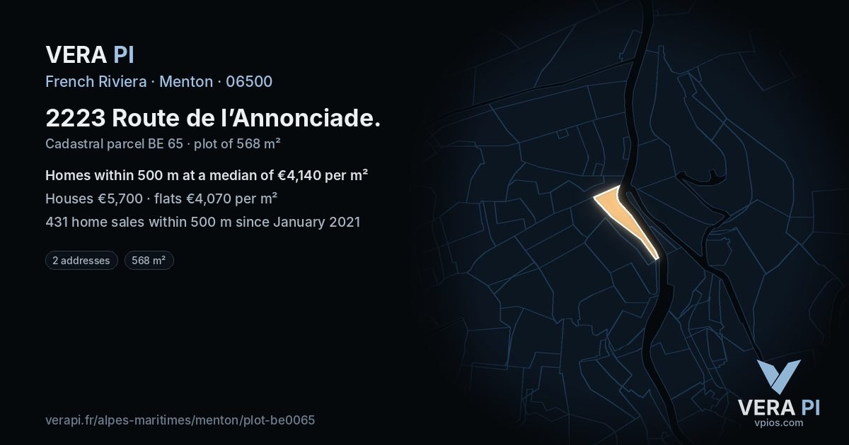 2223 Route de l’Annonciade, Menton at night – the plot lit, the parcels around coloured by the prices near them