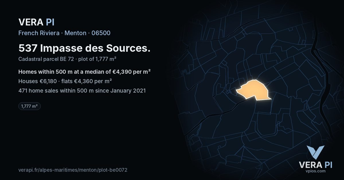 537 Impasse des Sources, Menton at night – the plot lit, the parcels around coloured by the prices near them