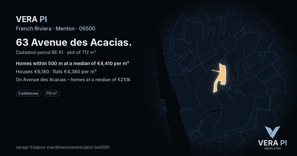 63 Avenue des Acacias, Menton at night – the plot lit, the parcels around coloured by the prices near them