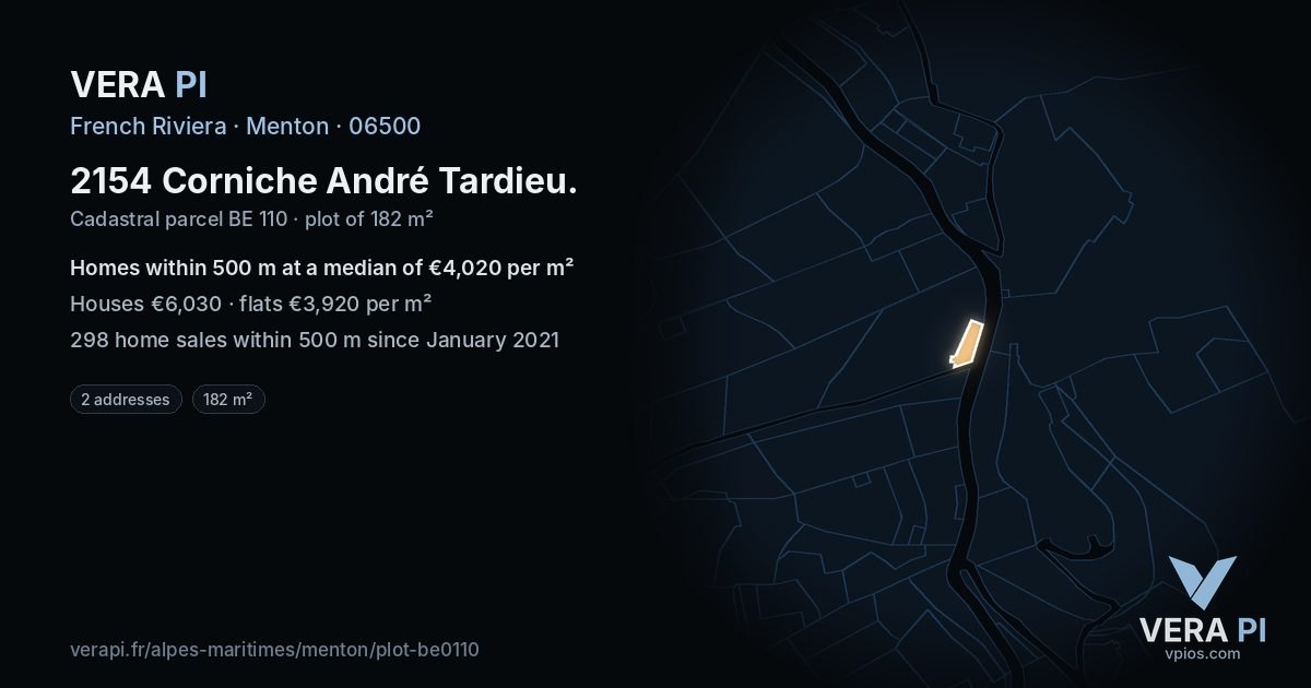 2154 Corniche André Tardieu, Menton at night – the plot lit, the parcels around coloured by the prices near them