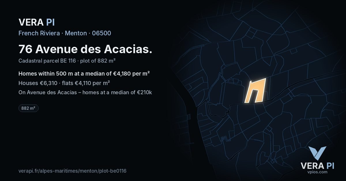 76 Avenue des Acacias, Menton at night – the plot lit, the parcels around coloured by the prices near them