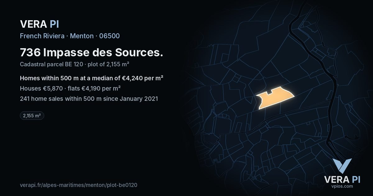 736 Impasse des Sources, Menton at night – the plot lit, the parcels around coloured by the prices near them