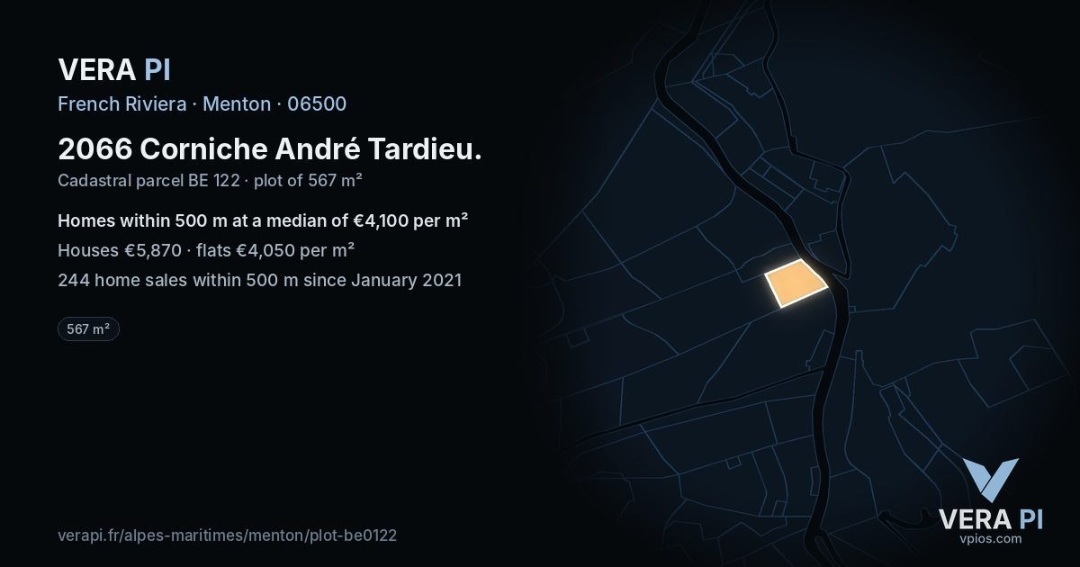 2066 Corniche André Tardieu, Menton at night – the plot lit, the parcels around coloured by the prices near them
