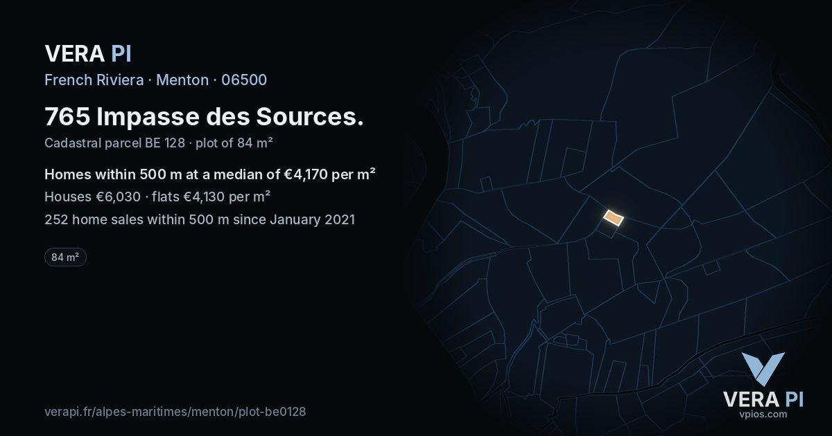 765 Impasse des Sources, Menton at night – the plot lit, the parcels around coloured by the prices near them