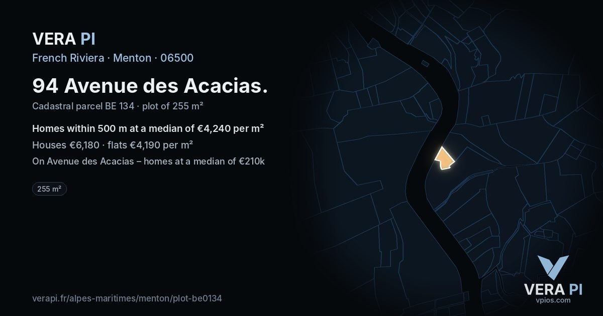 94 Avenue des Acacias, Menton at night – the plot lit, the parcels around coloured by the prices near them