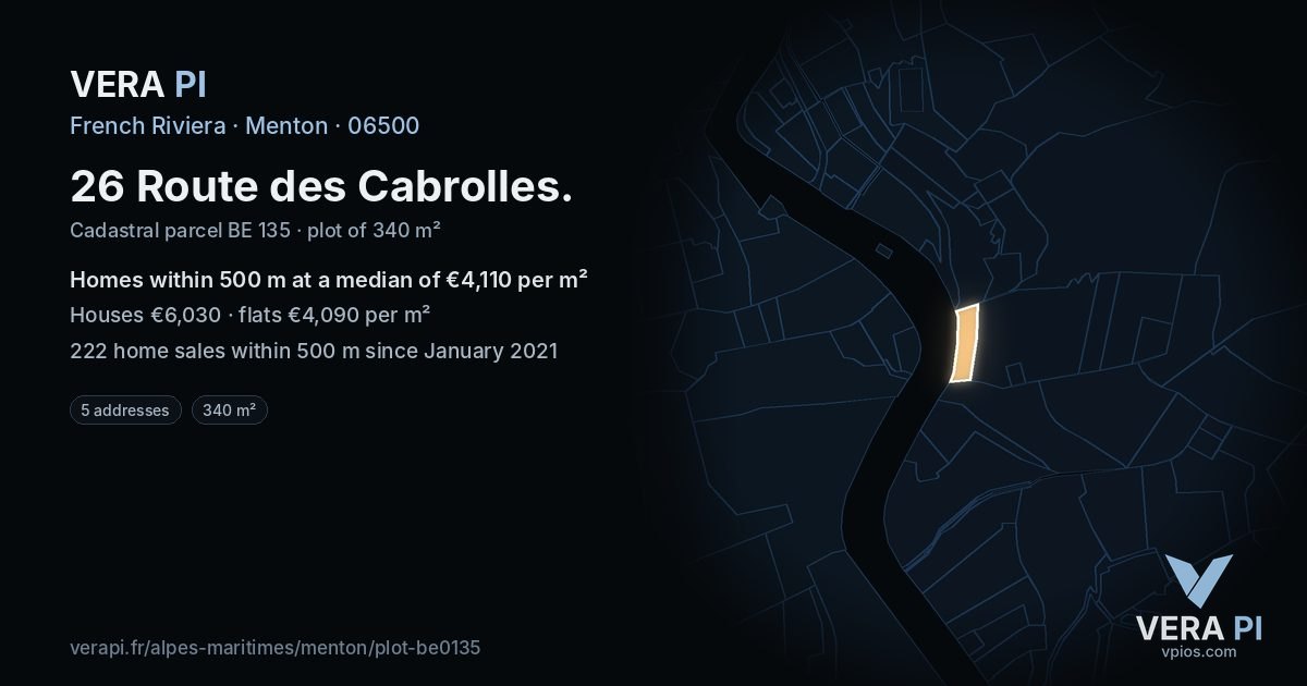 26 Route des Cabrolles, Menton at night – the plot lit, the parcels around coloured by the prices near them