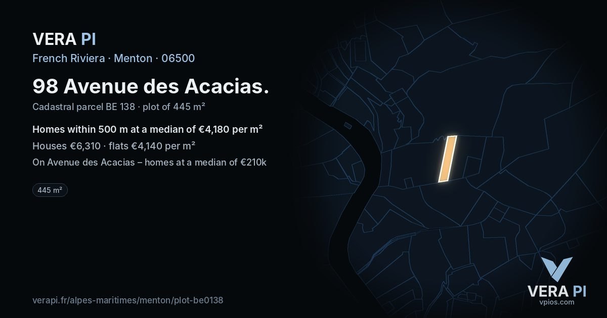 98 Avenue des Acacias, Menton at night – the plot lit, the parcels around coloured by the prices near them
