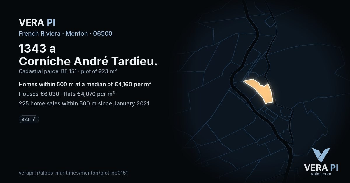 1343 a Corniche André Tardieu, Menton at night – the plot lit, the parcels around coloured by the prices near them