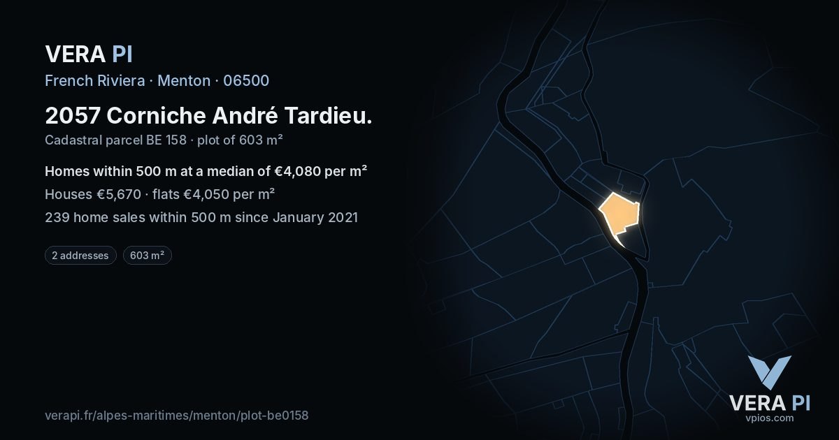 2057 Corniche André Tardieu, Menton at night – the plot lit, the parcels around coloured by the prices near them