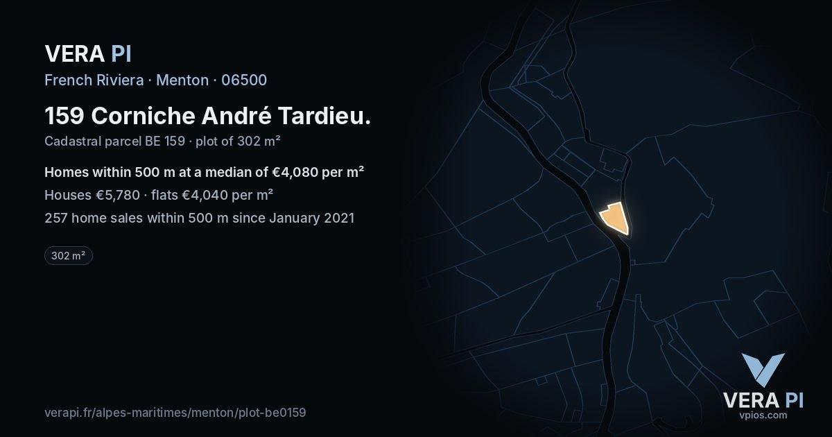 159 Corniche André Tardieu, Menton at night – the plot lit, the parcels around coloured by the prices near them