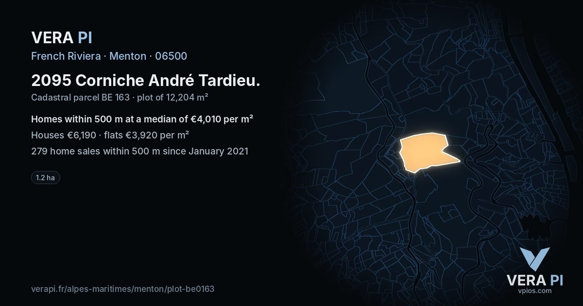 2095 Corniche André Tardieu, Menton at night – the plot lit, the parcels around coloured by the prices near them