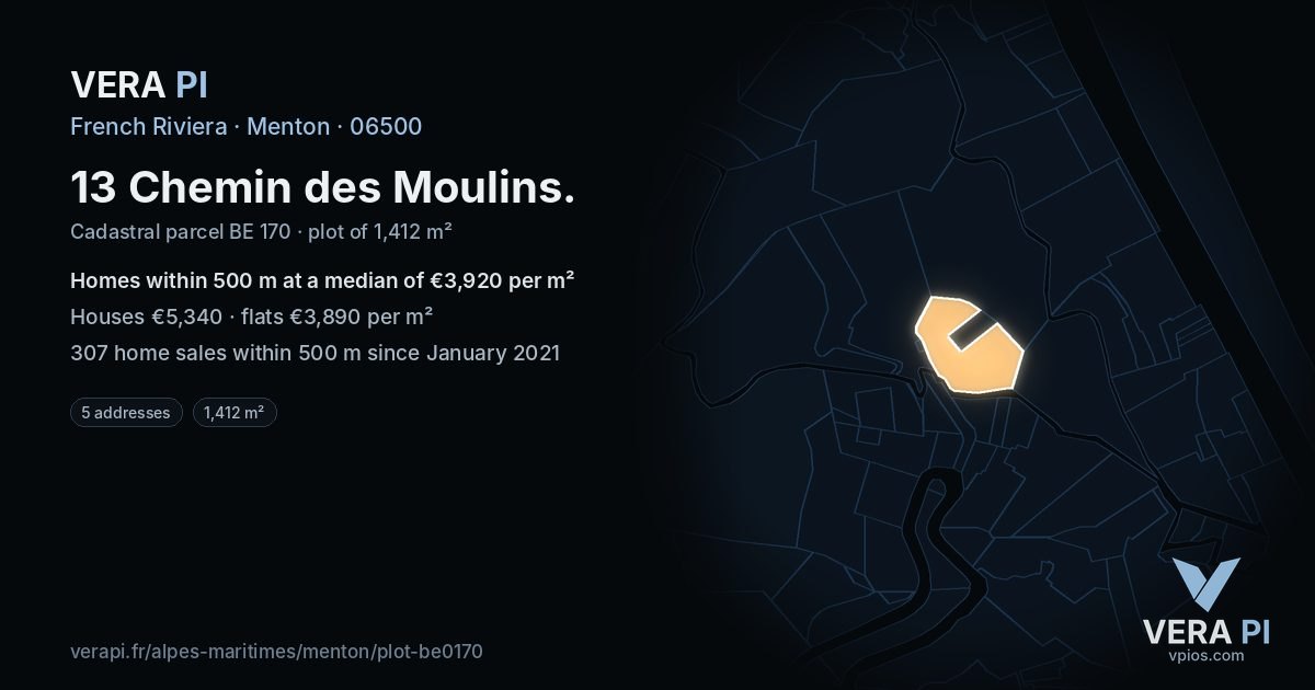 13 Chemin des Moulins, Menton at night – the plot lit, the parcels around coloured by the prices near them