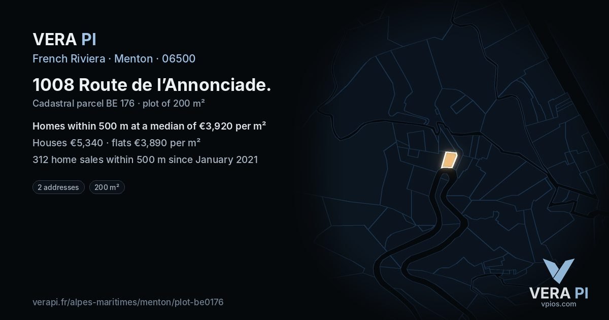 1008 Route de l’Annonciade, Menton at night – the plot lit, the parcels around coloured by the prices near them