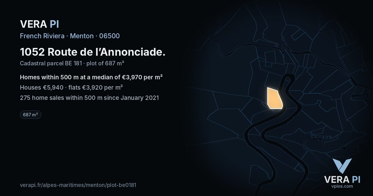 1052 Route de l’Annonciade, Menton at night – the plot lit, the parcels around coloured by the prices near them