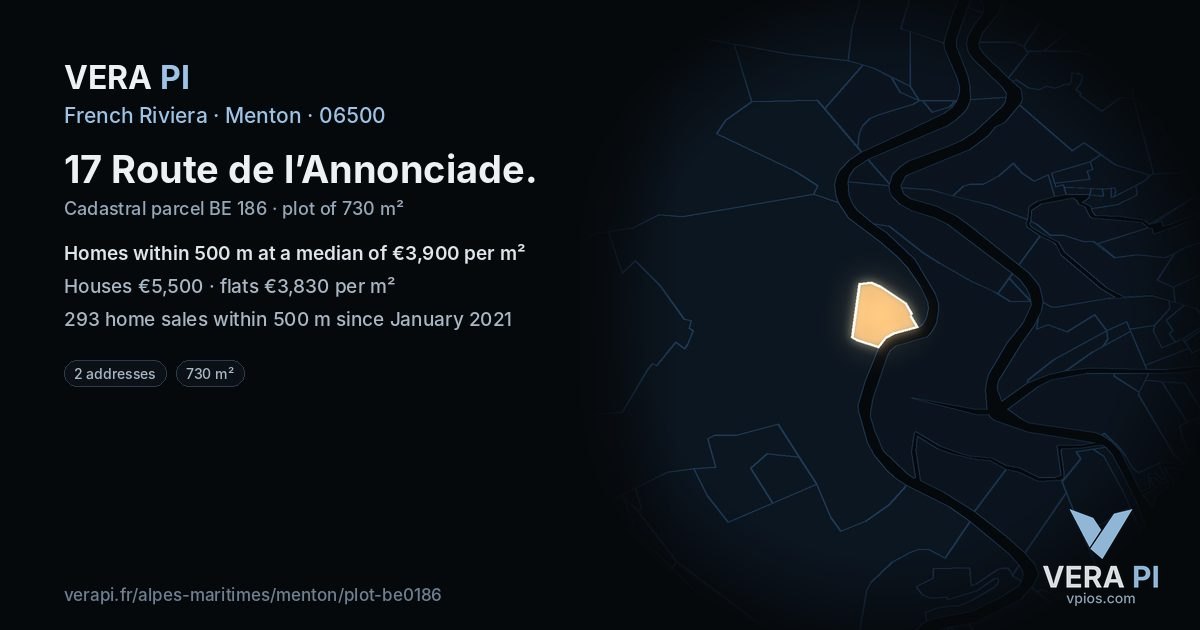 17 Route de l’Annonciade, Menton at night – the plot lit, the parcels around coloured by the prices near them