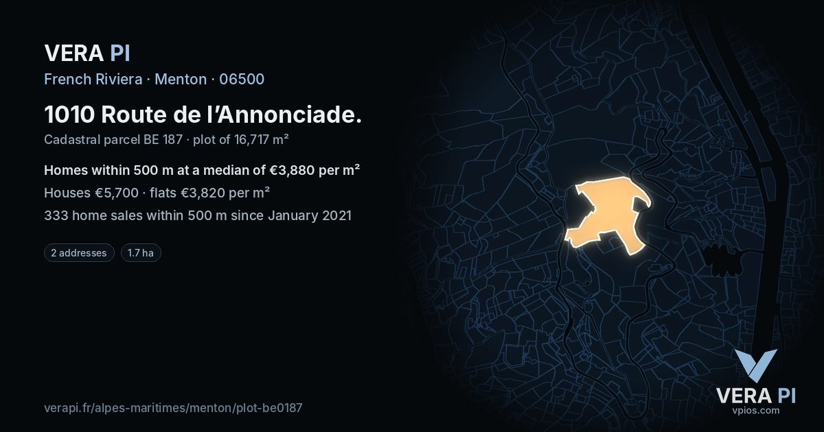 1010 Route de l’Annonciade, Menton at night – the plot lit, the parcels around coloured by the prices near them