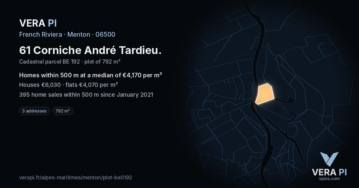 61 Corniche André Tardieu, Menton at night – the plot lit, the parcels around coloured by the prices near them