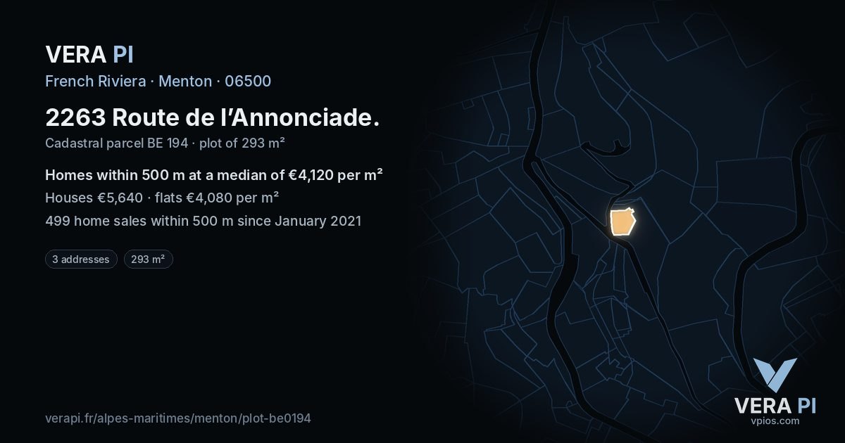 2263 Route de l’Annonciade, Menton at night – the plot lit, the parcels around coloured by the prices near them