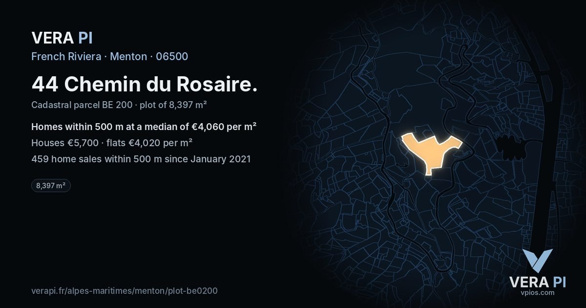 44 Chemin du Rosaire, Menton at night – the plot lit, the parcels around coloured by the prices near them