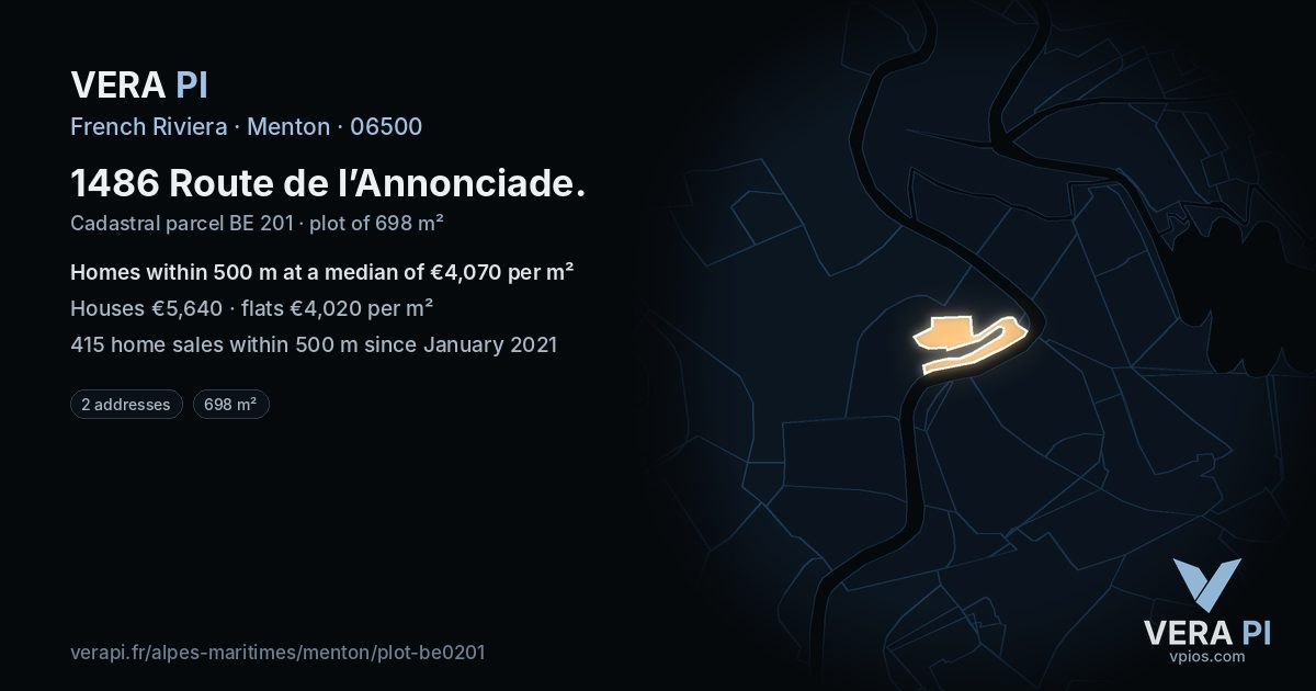 1486 Route de l’Annonciade, Menton at night – the plot lit, the parcels around coloured by the prices near them