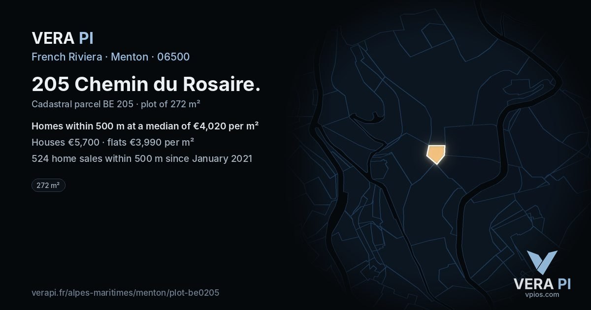 205 Chemin du Rosaire, Menton at night – the plot lit, the parcels around coloured by the prices near them