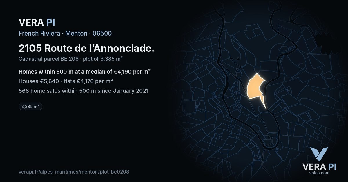2105 Route de l’Annonciade, Menton at night – the plot lit, the parcels around coloured by the prices near them