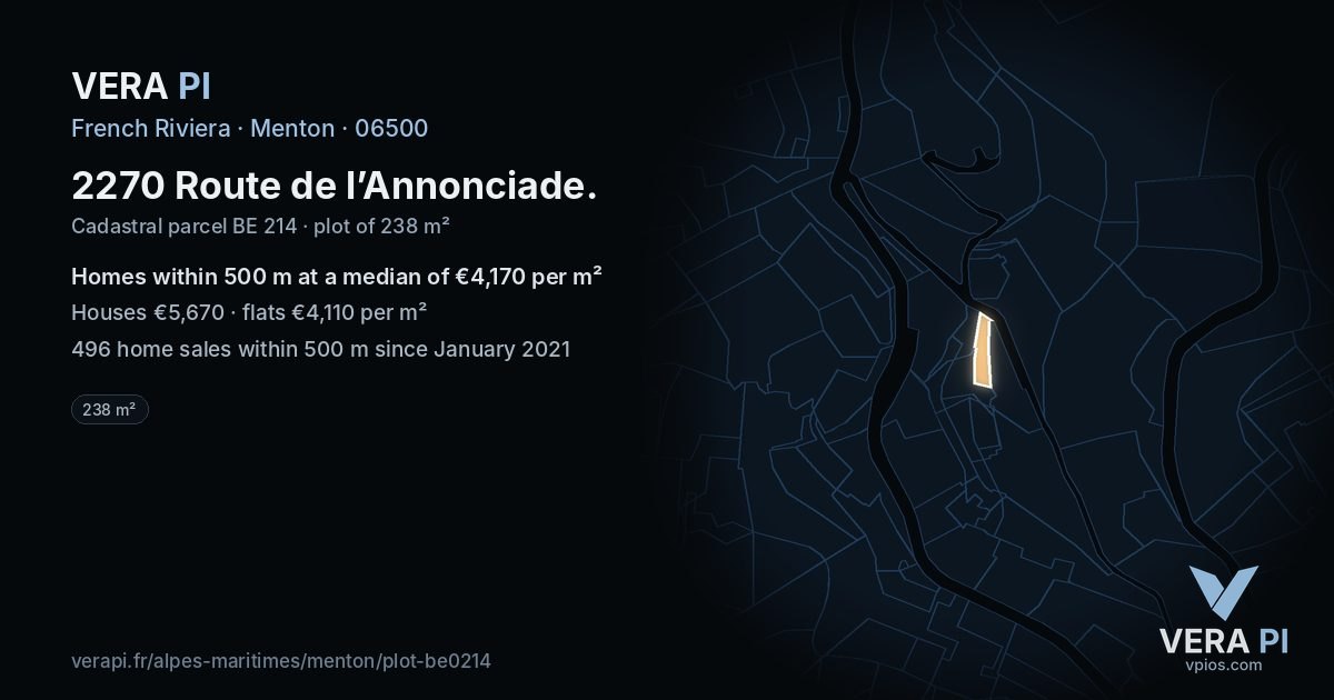 2270 Route de l’Annonciade, Menton at night – the plot lit, the parcels around coloured by the prices near them