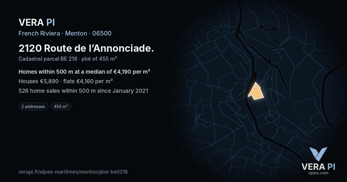 2120 Route de l’Annonciade, Menton at night – the plot lit, the parcels around coloured by the prices near them