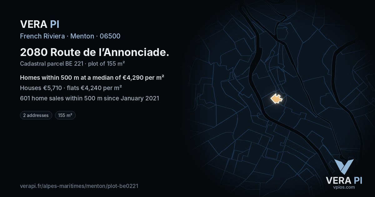 2080 Route de l’Annonciade, Menton at night – the plot lit, the parcels around coloured by the prices near them