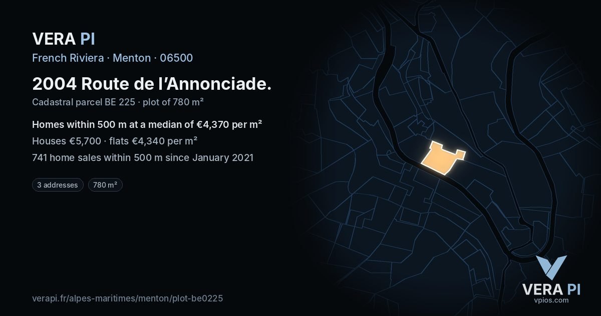 2004 Route de l’Annonciade, Menton at night – the plot lit, the parcels around coloured by the prices near them