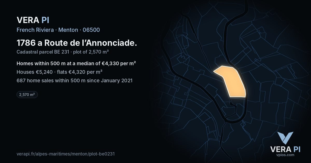 1786 a Route de l’Annonciade, Menton at night – the plot lit, the parcels around coloured by the prices near them