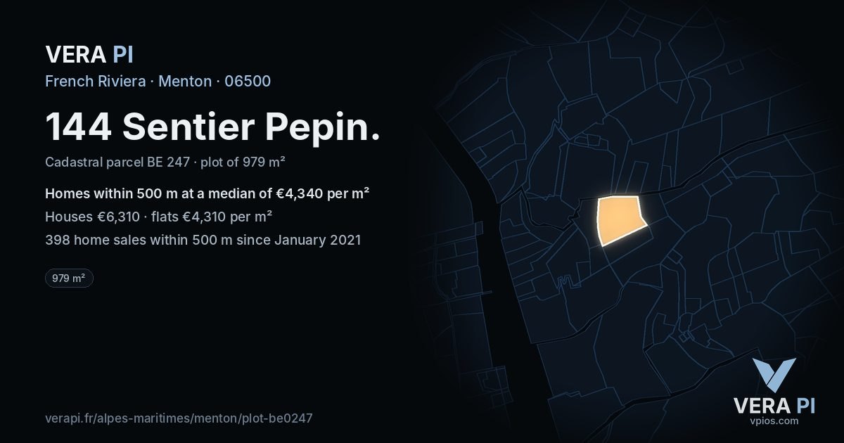 144 Sentier Pepin, Menton at night – the plot lit, the parcels around coloured by the prices near them