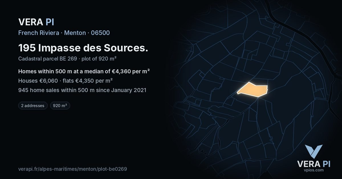 195 Impasse des Sources, Menton at night – the plot lit, the parcels around coloured by the prices near them