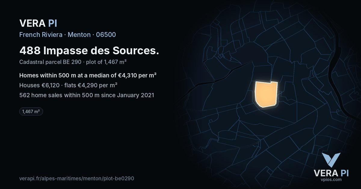 488 Impasse des Sources, Menton at night – the plot lit, the parcels around coloured by the prices near them